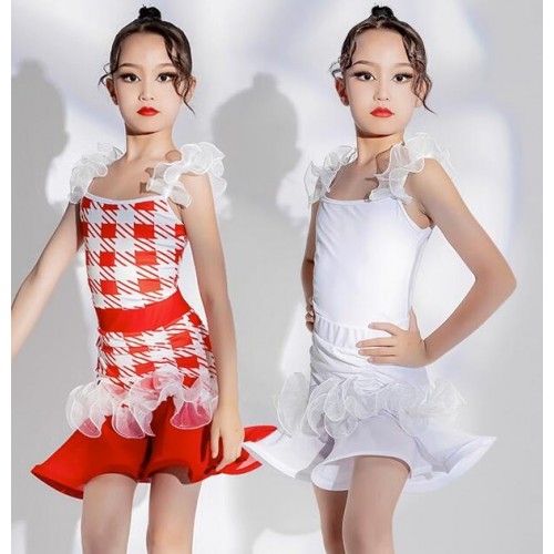Girls kids white red plaid latin dance dresses for kids children ruffles salsa rumba chacha dance costumes for children 